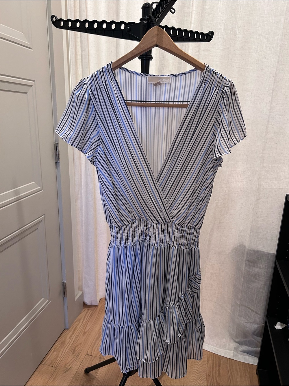 Michael Kors Blue & White Striped V-Neck Mini Dress